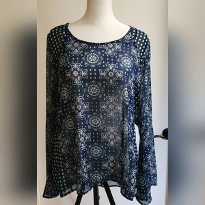 Red Camel|| Sheer Blue Paisley Boho Blouse